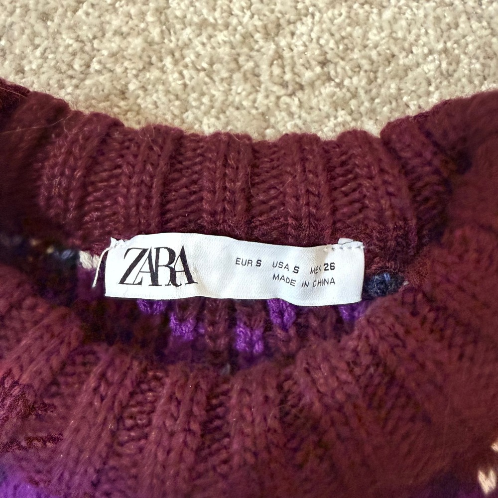 Zara Womens Fair Isle Mixed Knit Sweater Purple Red Cable Knit Sleeves Small - Picture 5 of 9